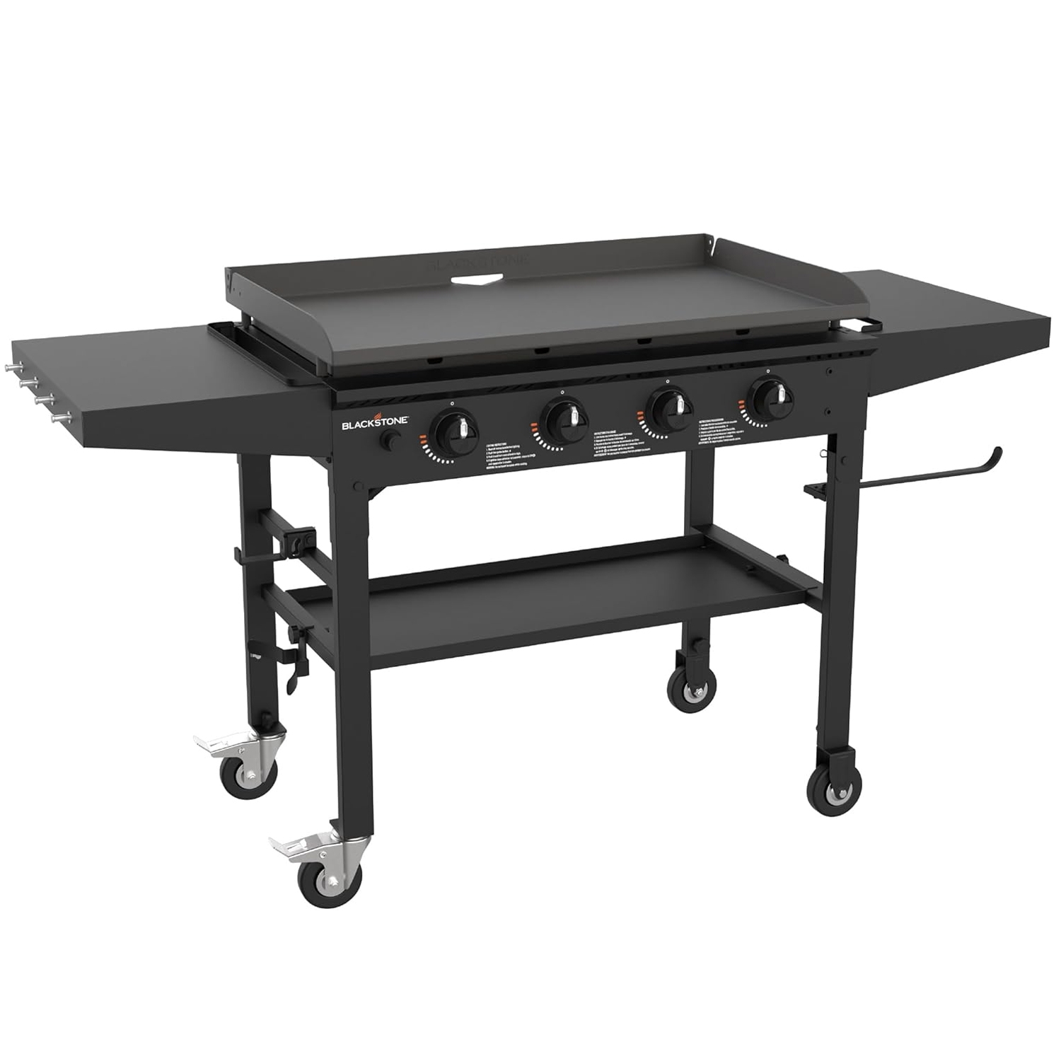 Blackstone 36\“ Griddle features a flat cooking surface, four burners with control knobs, a bottom shelf, two side shelves, and caster wheels for mobility.