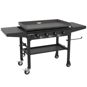 Blackstone 36\“ Griddle features a flat cooking surface, four burners with control knobs, a bottom shelf, two side shelves, and caster wheels for mobility.