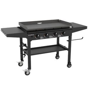 Blackstone 36\“ Griddle features a flat cooking surface, four burners with control knobs, a bottom shelf, two side shelves, and caster wheels for mobility.