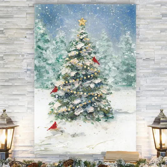A painting of a Christmas tree adorned with a star and surrounded by snow, featuring red cardinals. Flanked by two lit lanterns on a white stone-textured wall with snowy garland and pinecones below.
