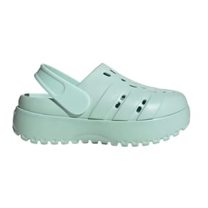 Light mint green Adidas Adilette Platform Clogs with a chunky sole, vent holes for breathability, and a movable strap for a secure fit.