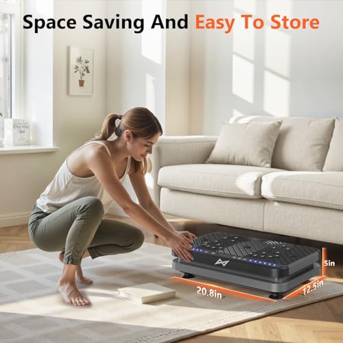 A woman stores a compact, black platform under a sofa with dimensions 20.8in x 12.5in x 5in, labeled as space-saving and easy to store.