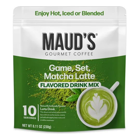 Maud's Gourmet Coffee Game, Set, Matcha Latte flavored drink mix, 8.11 oz (230g), offers 10 servings, suitable for hot, iced, or blended preparations.