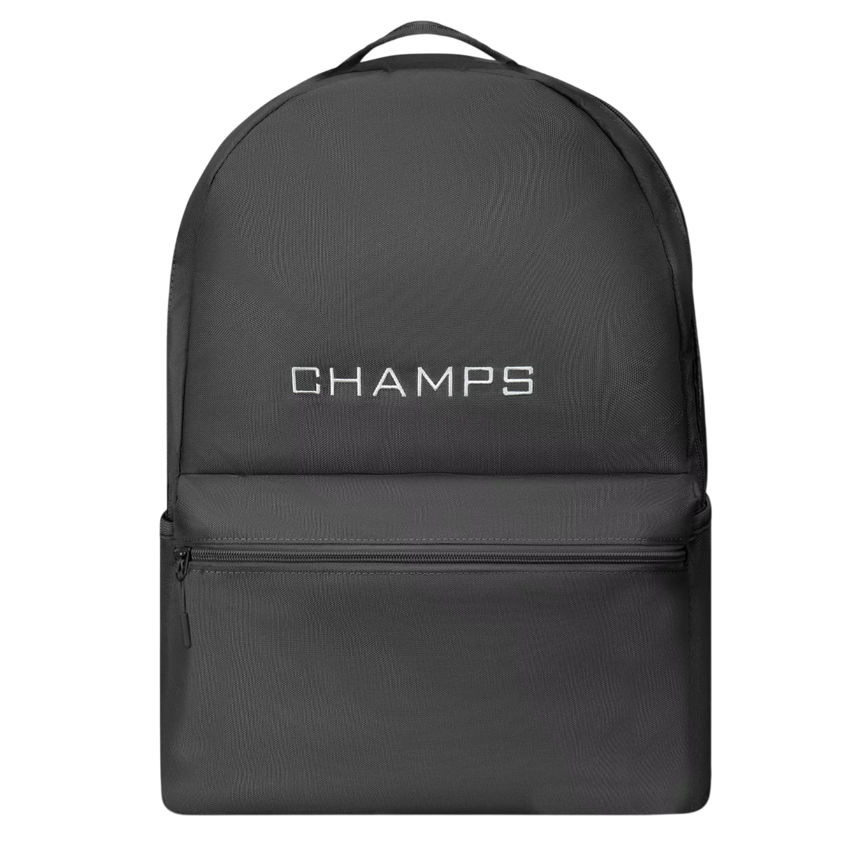 A black backpack with \“CHAMPS\“ written on it, featuring a top handle and a front zipper pocket.
