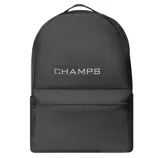 A black backpack with \“CHAMPS\“ written on it, featuring a top handle and a front zipper pocket.