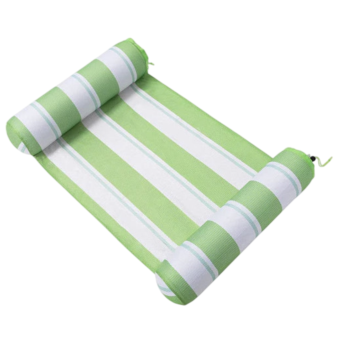 A green and white striped pool float with two inflatable pillows at either end, designed for lounging in the water.
