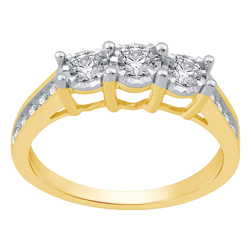 A gold ring featuring a trio of round-cut diamonds in the center, with additional smaller diamonds set along the band.