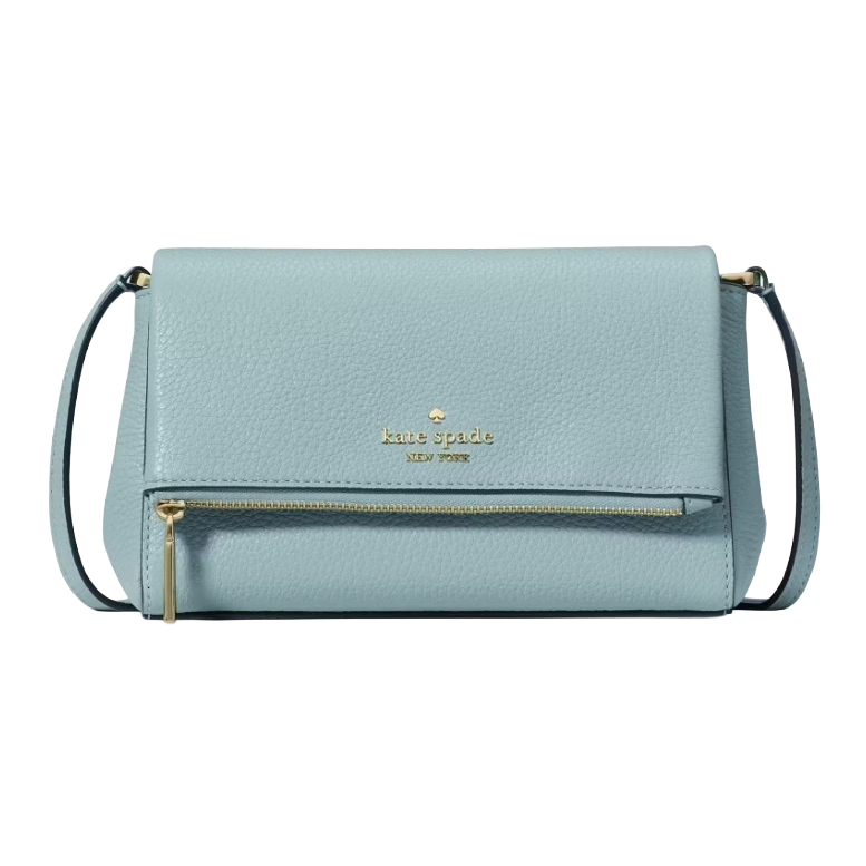 Light blue Kate Spade New York crossbody bag with gold-tone logo and a front zipper pocket.