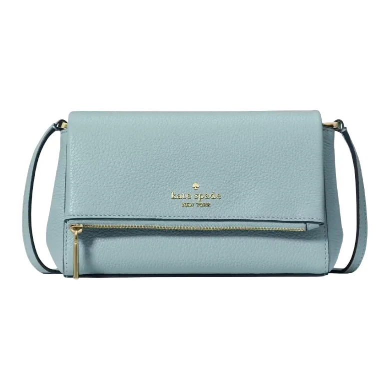 Light blue Kate Spade New York crossbody bag with gold-tone logo and a front zipper pocket.