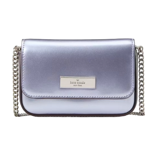 A metallic silver Kate Spade New York crossbody bag with a chain strap and logo plaque on the front.