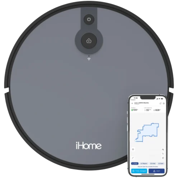 iHome robot vacuum alongside a smartphone displaying a cleaning map and status information.