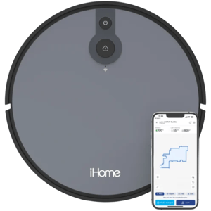 iHome robot vacuum alongside a smartphone displaying a cleaning map and status information.
