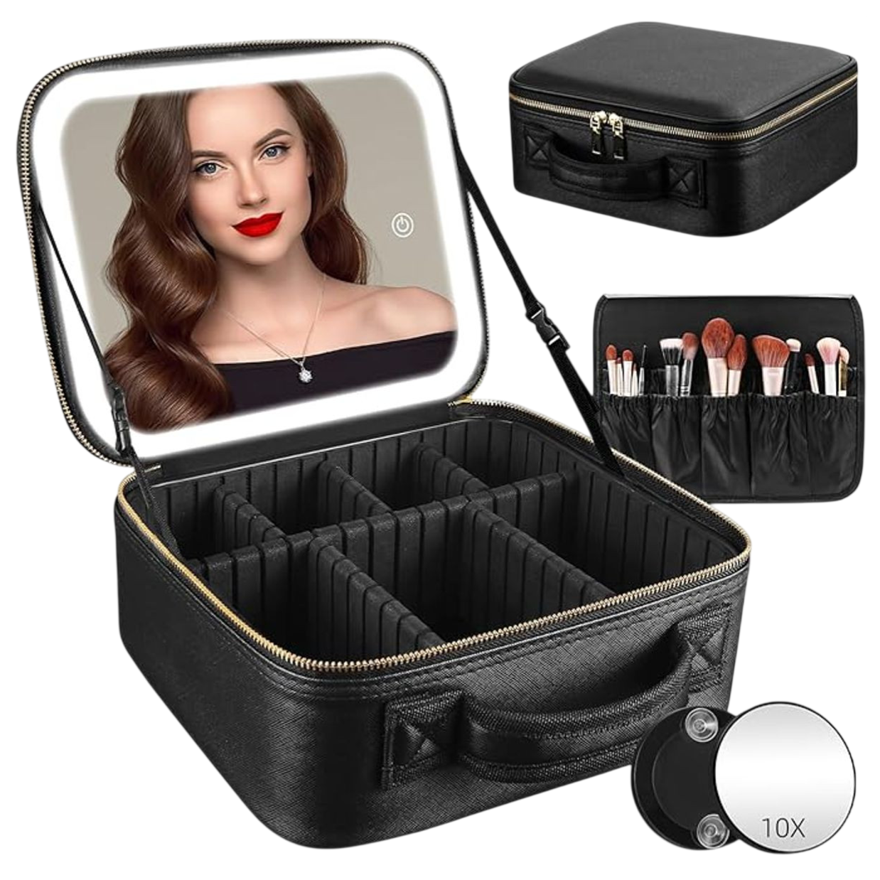 A black makeup case with adjustable compartments features a built-in LED mirror, brush holders, and comes with an additional 10x magnifying mirror.