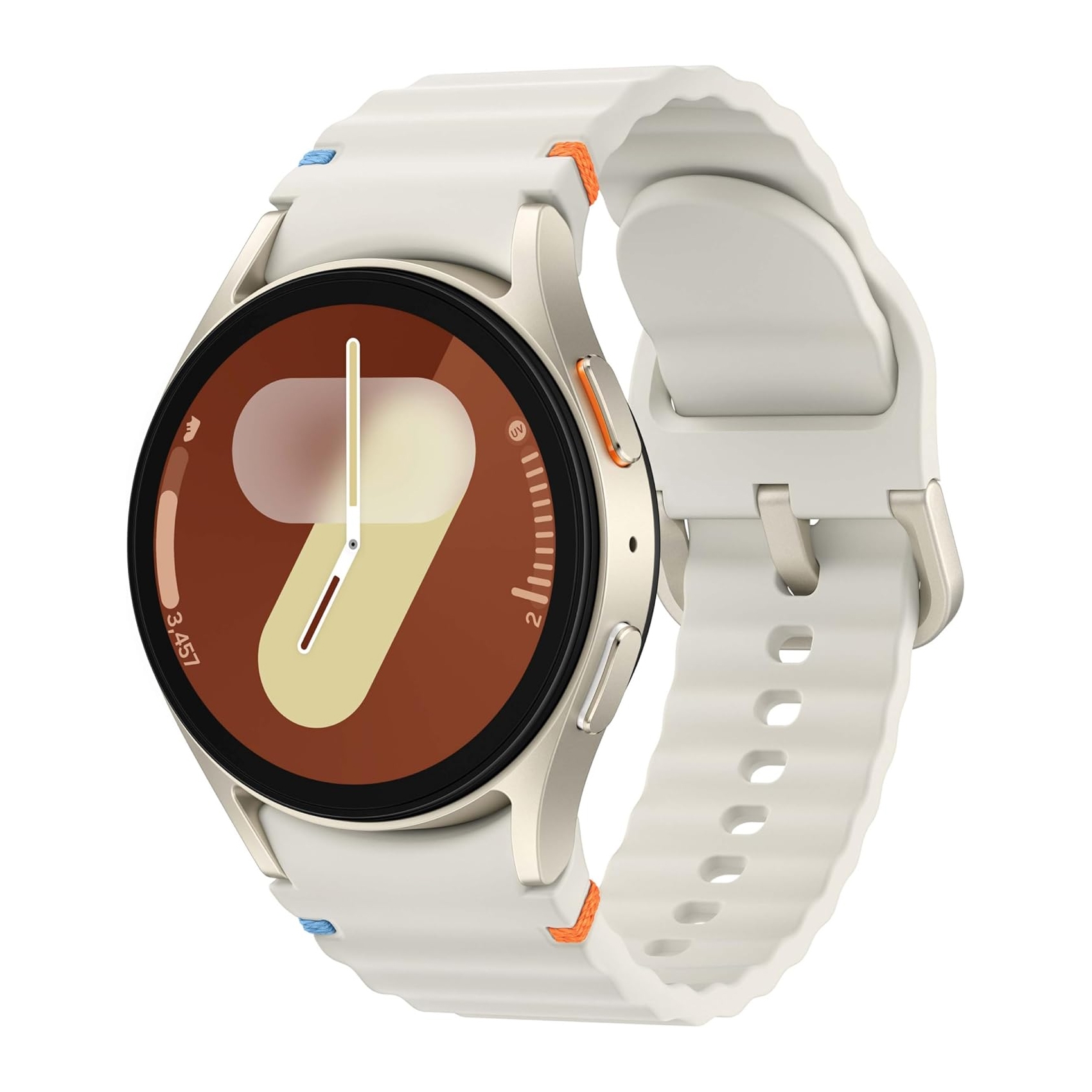 A smartwatch with a circular display, white strap, and side buttons accented with splashes of color.