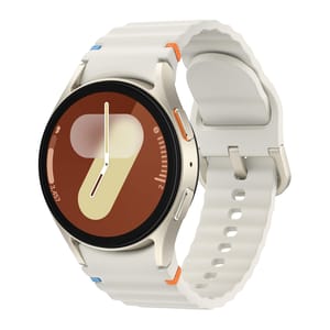 A smartwatch with a circular display, white strap, and side buttons accented with splashes of color.