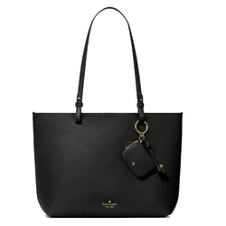 A black leather tote bag with long straps, featuring a small attached zip pouch and gold accents.