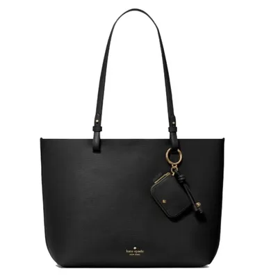 A black leather tote bag with long straps, featuring a small attached zip pouch and gold accents.
