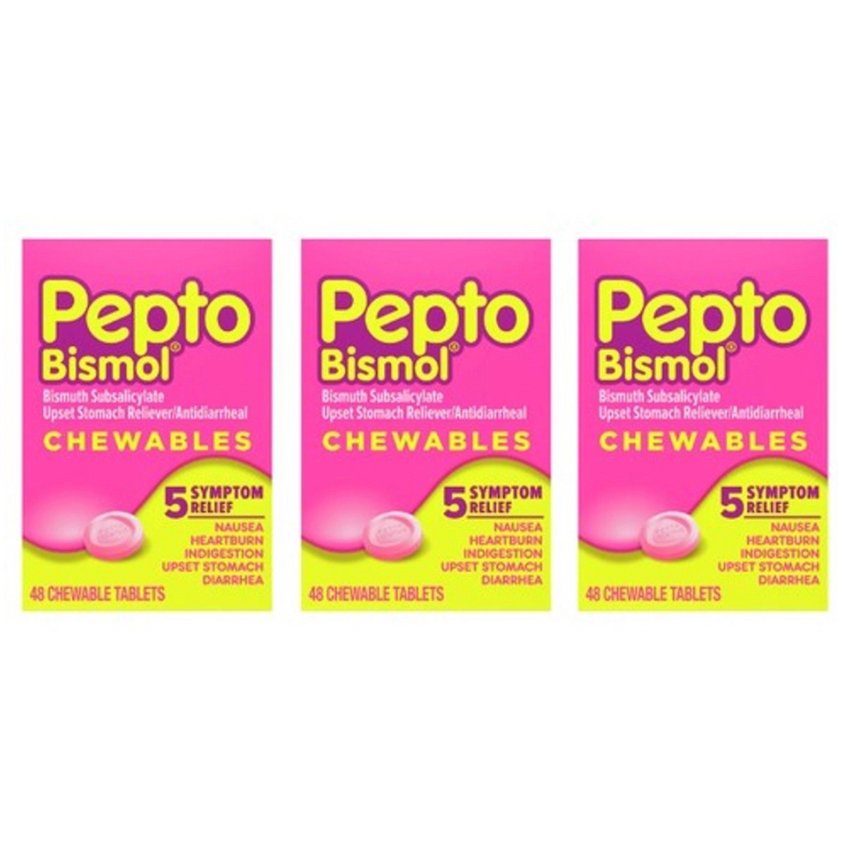 Pepto Bismol Chewables, 48 tablets per pack, offers relief for nausea, heartburn, indigestion, upset stomach, and diarrhea.
