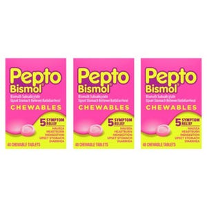 Pepto Bismol Chewables, 48 tablets per pack, offers relief for nausea, heartburn, indigestion, upset stomach, and diarrhea.
