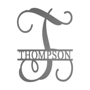 Decorative metal wall art featuring the initial \“T\“ with the name \“Thompson\“ in an elegant script, combining style and personalization for home decor.