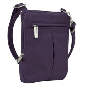 Travelon Anti-Theft Slim Pouch in purple features a compact design with a front zipper pocket, adjustable strap, and silver-tone hardware for security and convenience.