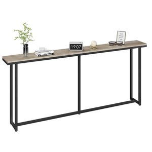 A sleek 71-inch console table with a thin rectangular wooden top and black metal frame. Decorated minimally with items like a vase, books, clock, glasses, and a framed quote. Ideal for narrow spaces.