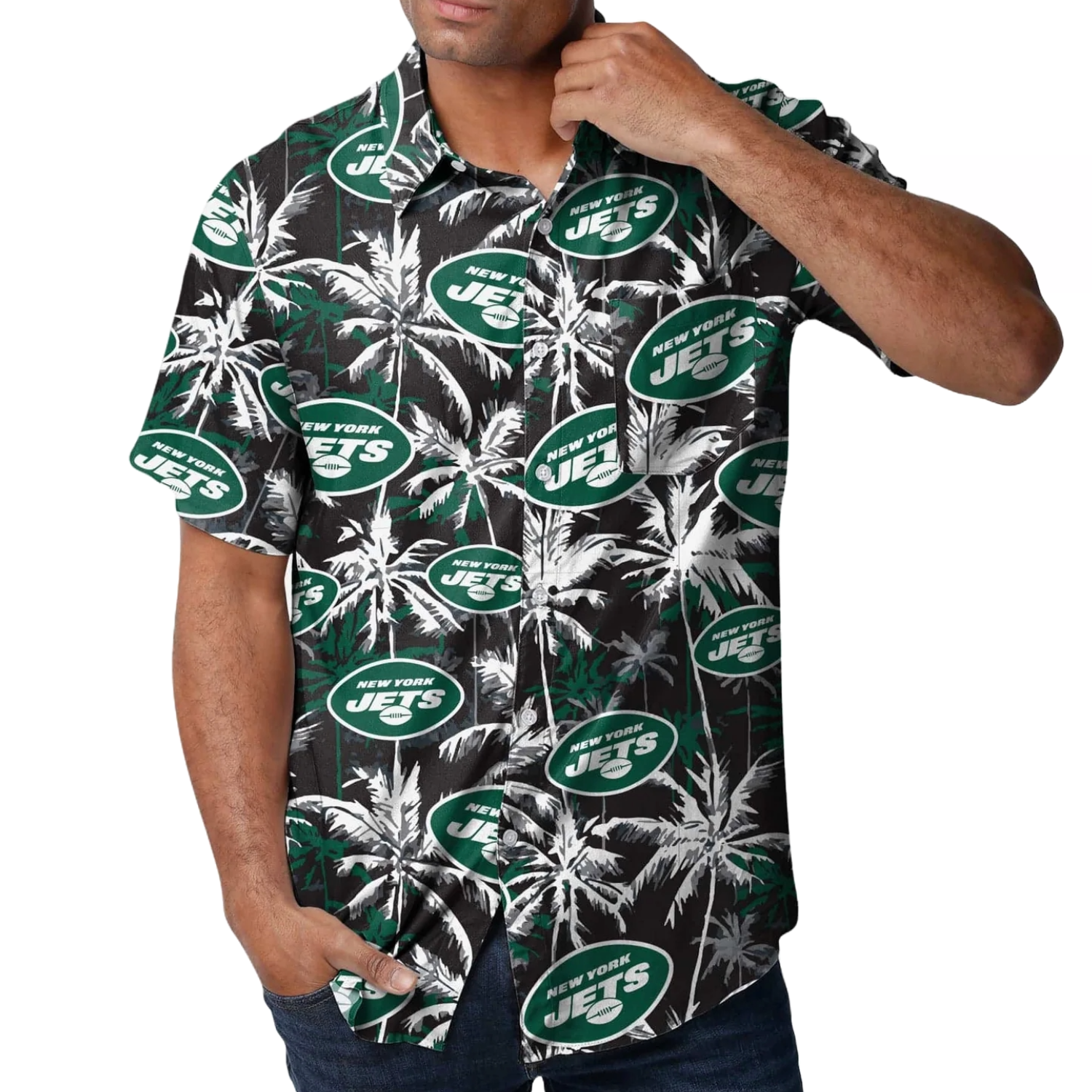A New York Jets-themed button-up shirt featuring a tropical design with palm trees and the team's logo in green and white. The short-sleeve shirt combines a sporty look with a casual, vacation-like feel.