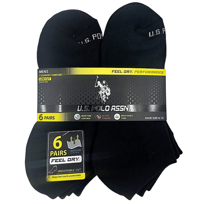 A pack of six pairs of men's low-cut socks by U.S. Polo Assn., featuring cushion comfort, moisture control, active stretch, and breathable yarn, suitable for shoe sizes 6-12.