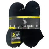 A pack of six pairs of men's low-cut socks by U.S. Polo Assn., featuring cushion comfort, moisture control, active stretch, and breathable yarn, suitable for shoe sizes 6-12.