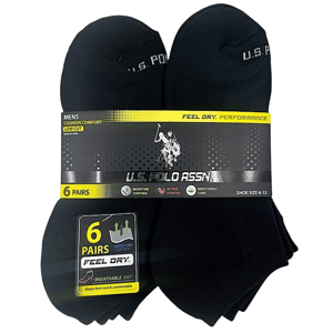 A pack of six pairs of men's low-cut socks by U.S. Polo Assn., featuring cushion comfort, moisture control, active stretch, and breathable yarn, suitable for shoe sizes 6-12.