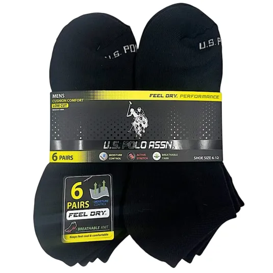 A pack of six pairs of men's low-cut socks by U.S. Polo Assn., featuring cushion comfort, moisture control, active stretch, and breathable yarn, suitable for shoe sizes 6-12.