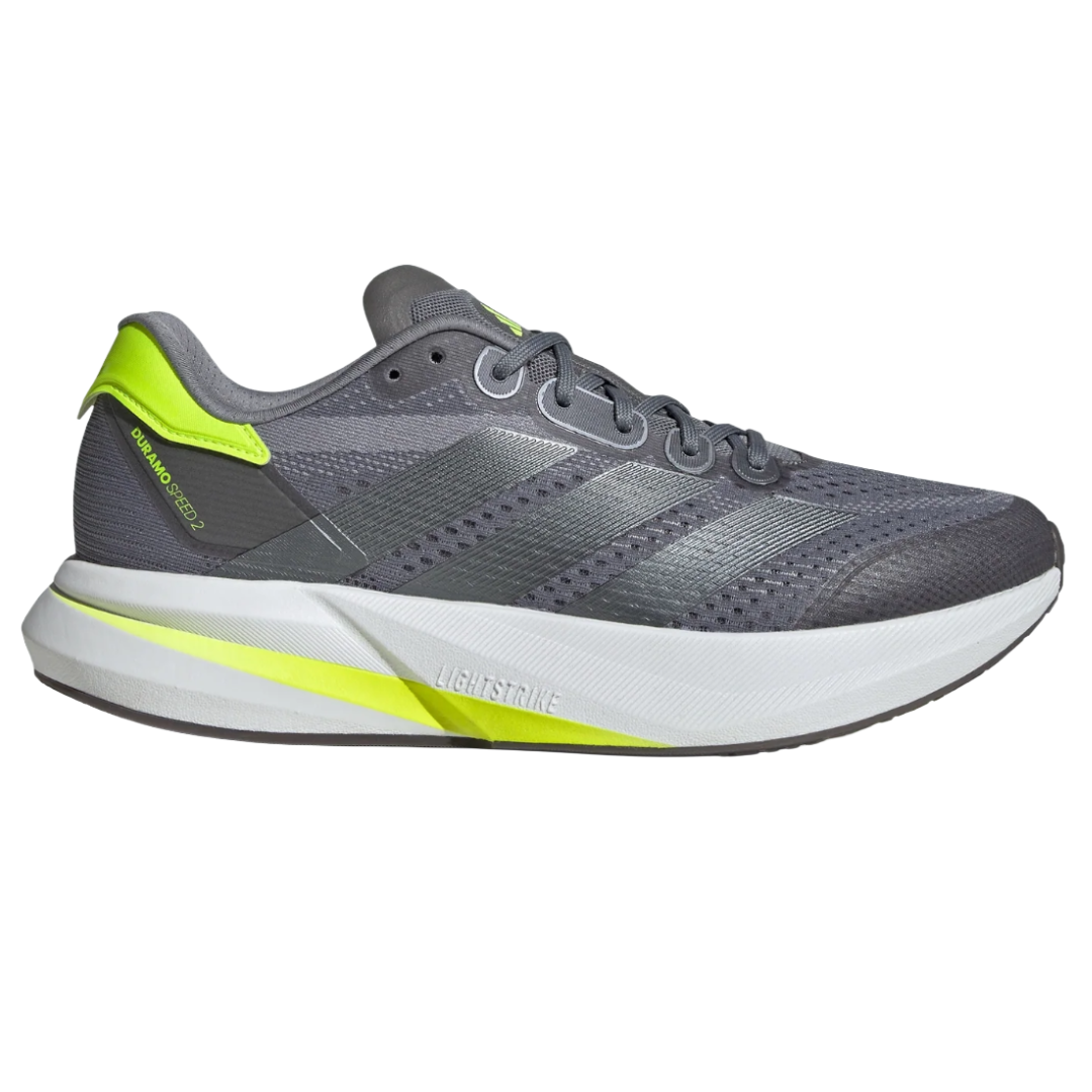 Gray and neon yellow Adidas Duramo Speed 2 running shoe with Lightstrike cushioning and a textured, breathable upper.