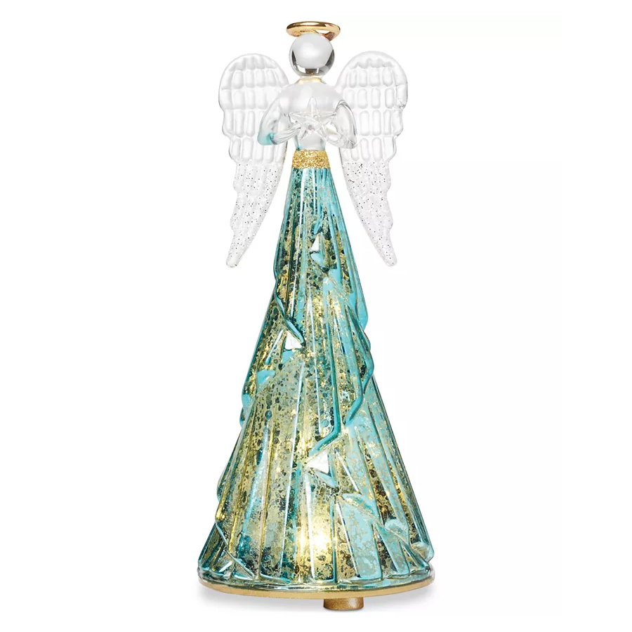 A glass angel figurine with a gold halo and teal dress, featuring LED lights and glitter-accented wings.