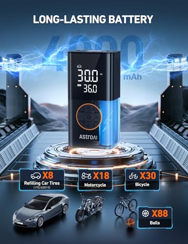AstroAI portable cordless tire inflator with a 4,000 mAh battery can refill up to 8 car tires, 18 motorcycle tires, 30 bicycle tires, or 88 balls.