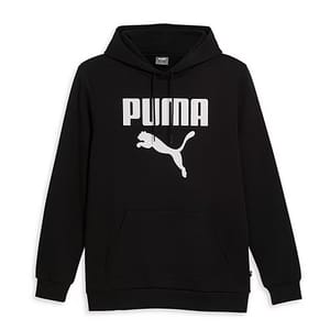 A black PUMA-branded hoodie with a white logo and leaping puma icon on the front.