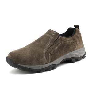 Brown slip-on shoe with a suede upper and rugged rubber sole, designed for casual and outdoor wear.
