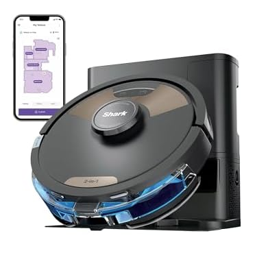 Robotic vacuum and mop system with a docking station and a smartphone app displaying a floor plan.