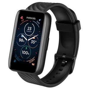 The Motorola Moto 40 Smart Watch features a rectangular touchscreen with a black strap, displaying various metrics like heart rate, battery life, and date. It’s designed for fitness tracking and everyday use.