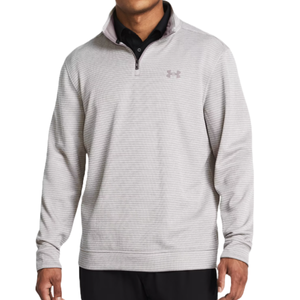 Light gray Under Armour quarter-zip pullover with subtle horizontal stripes, featuring the brand logo on the chest, worn over a black collared shirt.