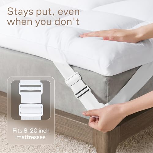 Mattress topper with corner straps, ensuring a secure fit for 8–20 inch mattresses.