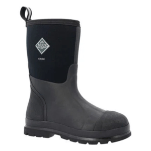 The Chore Classic Mid Work Boot is a durable, waterproof boot with a black rubber exterior, reinforced toe, and neoprene upper for flexibility and comfort. It features a rugged outsole for traction and a pull-tab for easy on-off access.