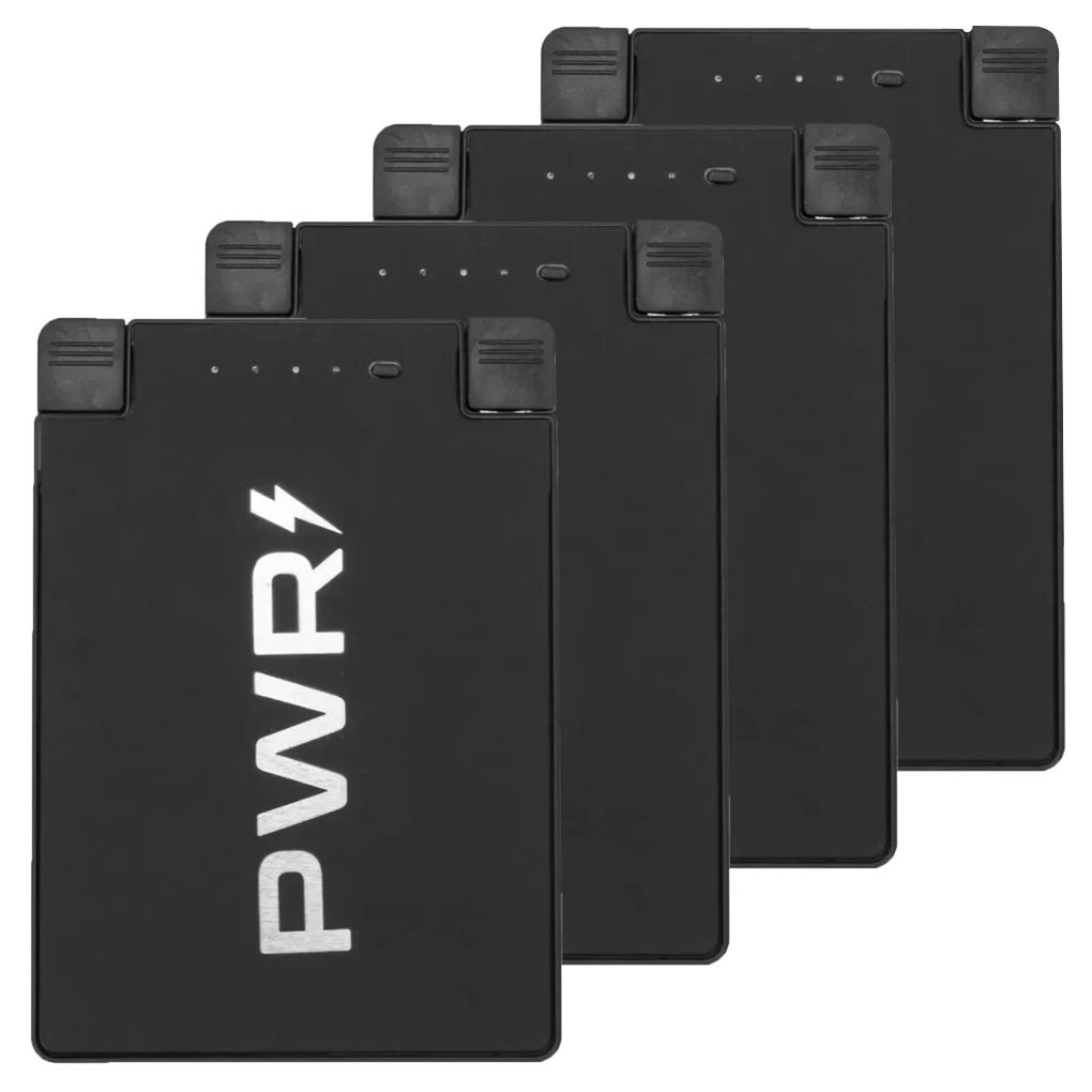 Black portable power banks with \“PWR\“ and a lightning bolt symbol, featuring four LED indicator lights and foldable charging connectors.
