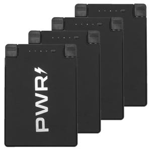 Black portable power banks with \“PWR\“ and a lightning bolt symbol, featuring four LED indicator lights and foldable charging connectors.