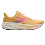 Brooks Ghost running shoe with a peach and pink color scheme, featuring a cushioned sole.
