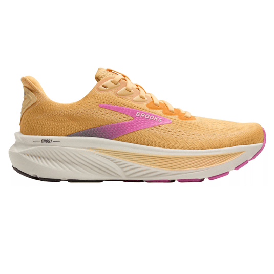 Brooks Ghost running shoe with a peach and pink color scheme, featuring a cushioned sole.