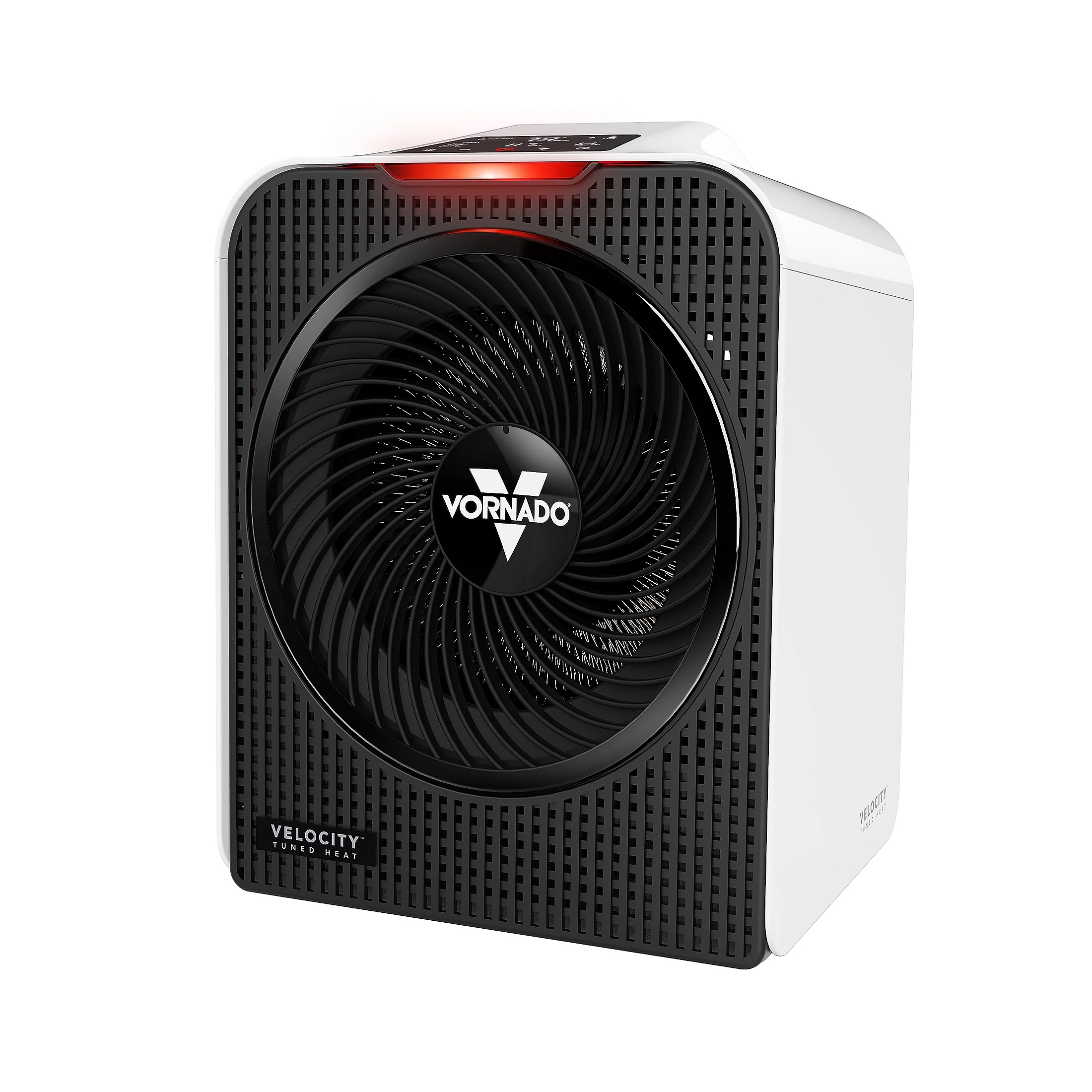 White and black Vornado Velocity space heater with a large front fan, compact rectangular design, and control panel on top, featuring a distinctive spiral grill.