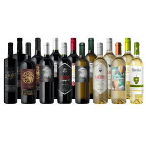 A collection of assorted wine bottles, featuring various labels such as red and white wines with distinctive designs and branding.
