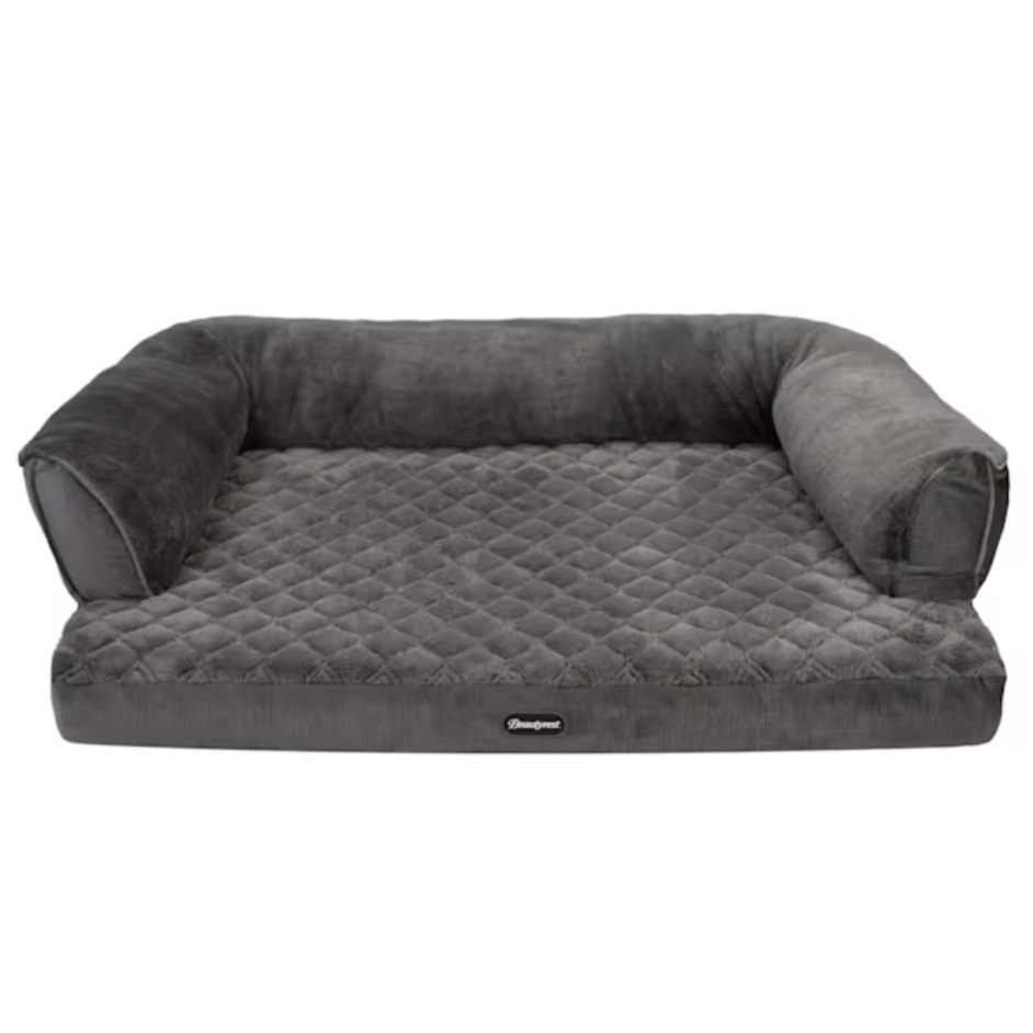 A gray, quilted pet sofa with bolstered sides designed for comfort and support.