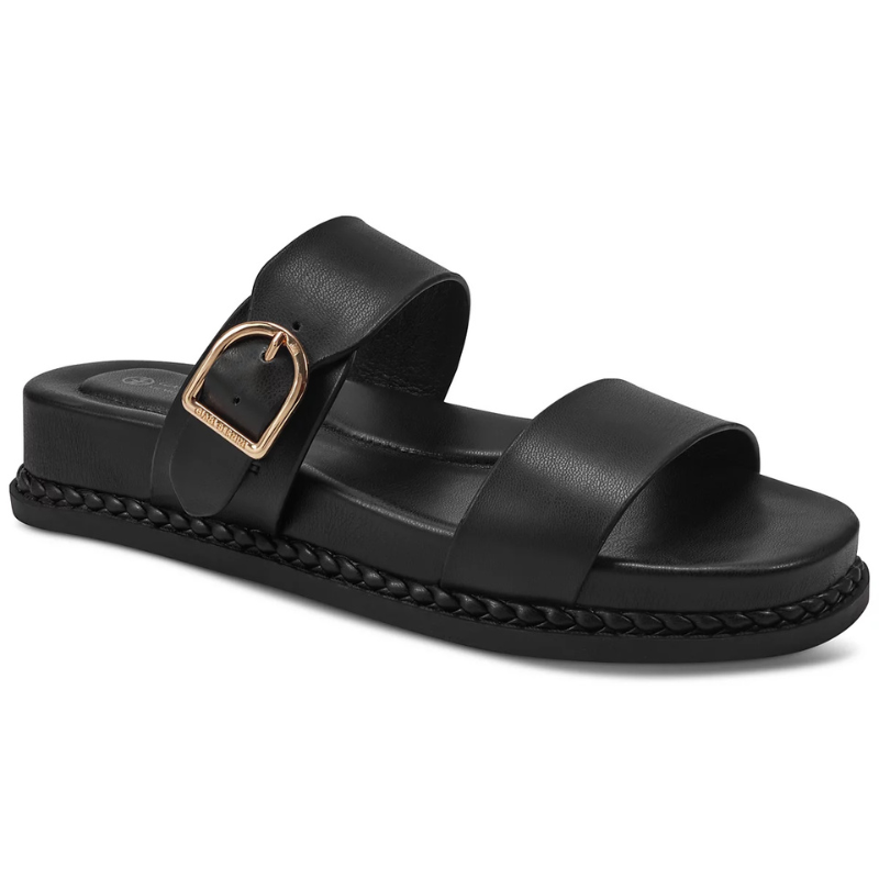 Black sandal with two straps and a gold buckle on the upper strap, featuring a braided detail along the sole's edge.