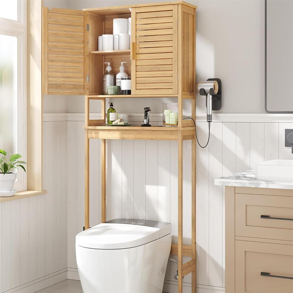 Wooden bathroom over-the-toilet storage cabinet with louvered doors and an open shelf, next to a modern toilet.